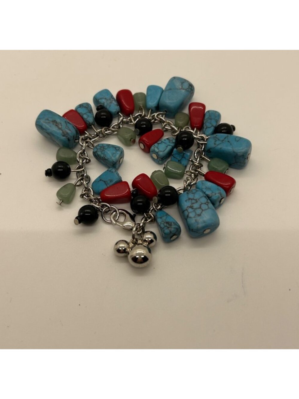 Disney Mickey Mouse Bracelet Silver Tone Turquoise Coral Black  Colored Stones - Picture 5 of 10